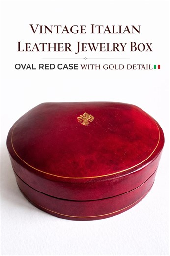 Vintage Italian Leather Jewelry Box – Oval Red Case with Gold Detail – Elegant Storage Gift for Her