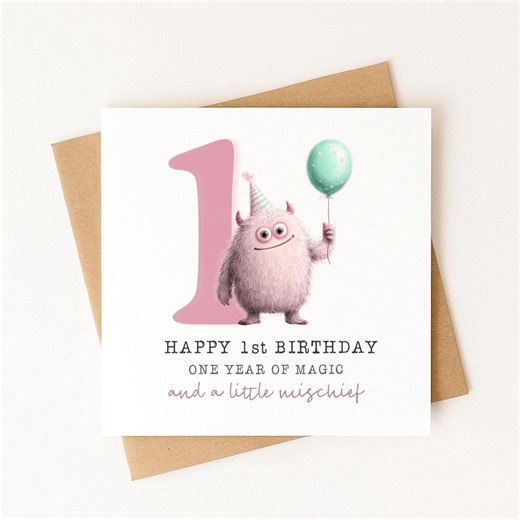 1st Birthday Card for Baby | Cute Monster First Birthday Card | Square Greeting Card - Etsy