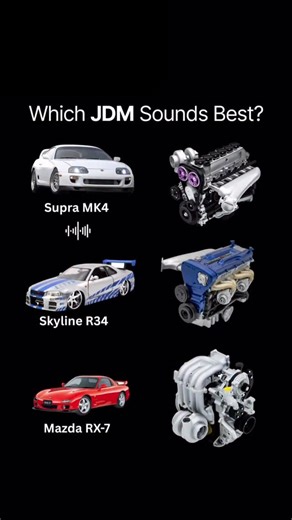 Supra Page on Instagram: "🔊 Supra, Skyline, or RX-7? 🔥 Toyota Supra MK4: The 3.0L 2JZ-GTE inline-six is famous for its cast-iron block’s “bulletproof” durability, allowing it to handle massive boost and quadruple-digit horsepower figures without requiring internal reinforcements. Nissan Skyline R34: Designed for Group A touring car racing, the 2.6L RB26DETT inline-six features individual throttle bodies and a high-revving character that pairs perfectly with advanced all-wheel-drive systems. Ma
