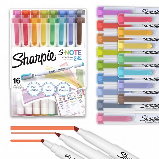 Sharpie S-Note Duo Dual-Ended Creative, Assorted Colors, Fine & Chisel Tips, 16-Ct
