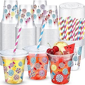 25 Pack Candy Party Plastic Cups with Lids and Paper Straws 12 oz Lollipop Candy Themed Party Disposable Cup for Lollipops Birthday Supplies Baby Shower Decoration(Colorful)