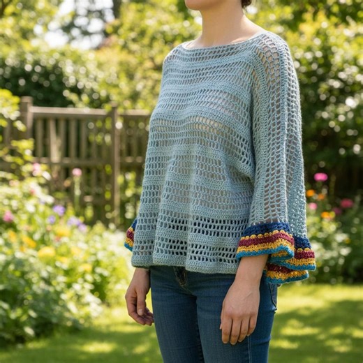 Handmade Crochet Sweater – Lightweight Boho Open Knit Pullover, Sheer Crochet Blouse, Spring Summer Layering Sweater