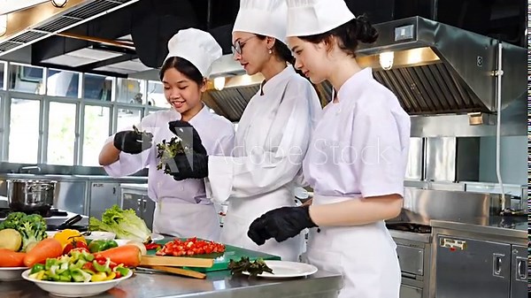 Female chef teaches cooking to two teenage girls, learning how to select vegetables, preserve food and cook, everyone wears black gloves in cooking class.