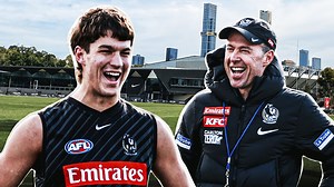 Next training drill on the schedule? A Charlie West debut 😅✅ Watch as Fly makes a special announcement that leaves our 19-year-old key forward very confused: | Collingwood Football Club