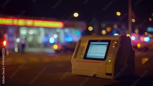 Sharp view of urgent sample analyzer in compact stat lab with background softly blurred showing night shift emergency department activity.