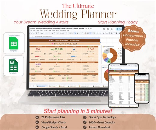 Terracotta Wedding Planner | Boho Rust Earthy Spreadsheet | Budget Guest List Seating Chart | Google Sheets Excel Template Download - Etsy