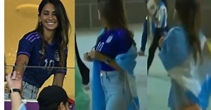 La camiseta cábala y envuelta en una bandera argentina: el look mundialista de Antonela Roccuzzo para alentar a Lionel Messi
