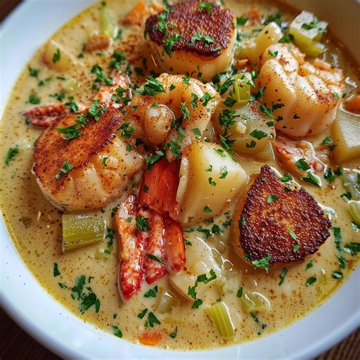 🦞 Lobster & Scallop Chowder 🥣 Rich, buttery, and full of cozy coastal flavor — this creamy chowder feels like a hug from the ocean! 🌊💛 Ingredients 2 tbsp unsalted butter 1 tbsp olive oil 1 onion (diced) 2 celery stalks (diced) 2 carrots (diced) 3 garlic cloves (minced) 2 Yukon gold potatoes (cubed) 4 cups seafood stock 1 cup heavy cream 1 cup whole milk ½ cup dry white wine (optional) 7 oz lobster meat (chopped) 7 oz sea scallops (halved if large) 1 tsp Old Bay seasoning ½ tsp cayenne (optio