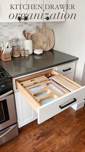 KITCHEN DRAWER ORGANIZATION No more messy drawers! Keep your ziplock bags, foil, plastic wrap, and parchment paper totally organized with this drawer organization system. Comment DRAWER ORGANIZATION and I’ll send you the links or you can easily find the links by clicking the link in my bio and choosing “amazon storefront” you”ll see my list called “kitchen drawer organization” pinned right to the top! You can also find everything linked on my LTK by following my shop @ByMeghanG on the @shop.LTK 