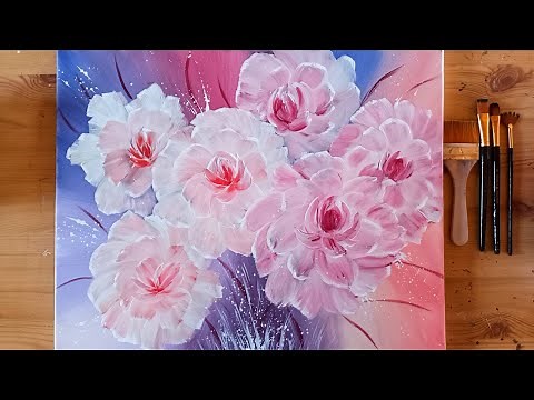 Blumen Malen Acryl Weiß Rot Blau leicht für Anfänger - Easy Flowers Acrylic Painting White Red Blue