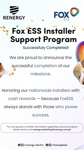 Renergy on Instagram: "The Fox ESS Installer Support Program has reached a successful milestone, honoring the commitment and hard work of our valued installers across Pakistan. And this is not the end. Renergy, Fox ESS are gearing up for the next wave of installer rewards, growth opportunities, and stronger support. @fox.ess #FoxESS #RenergyElectric #InstallerCommunity#MilestoneAchieved #NextLevelLoading #SolarPakistan #poweringthefuture #CleanEnergyMovement"