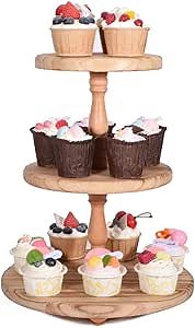 Cupcake Tower Stand 3 Tier Round Wooden Cupcake Display Risers Stand Rustic Tiered Tray Cake Stand for Party Birthday Wedding Baby Shower Dessert Display