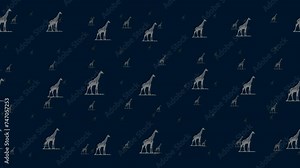Wild giraffe symbols float horizontally from left to right. Parallax fly effect. Floating symbols are located randomly. Seamless looped 4k animation on dark blue background
