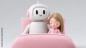 Living together in AI digital world, Cute robot and girl sleeping together in pink bed