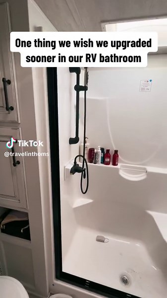 Nautilus Shower Door We aren’t sure about you, but cleaning our glass shower that came with our rig was a pain! I mean the shower tracks were impossible to keep clean 🤢 Enter Nautilus’ retractable and self cleaning shower door. Not only does this shower look good but it weighs around 5lbs which is way lighter than the glass shower which was really important to us after our solar build 🙌🏻 The best part is, we don’t need to remember to lock it on travel days 🙏🏻 Do you need this shower door? •