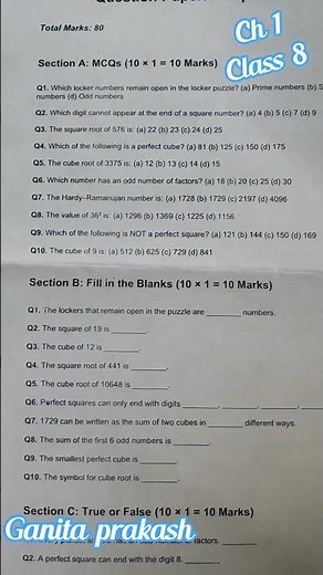#shorts | Class 8 Worksheet | Ch 1 A Square and A Cube | Class 8 Ch 1 Practice Test