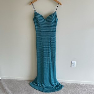 Size L NiteLine by Nahdrèe Vintage Y2K Blue Beaded Spaghetti Strap Evening Dress