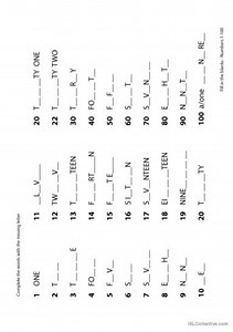 Fill in with the missing letters - Numbers 1-100