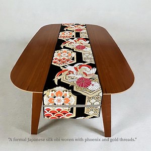 Japanese Obi Table Runner – Black Silk With Phoenix - Chrysanthemum | Gold & Silver Thread Seigaiha Pattern | Authentic Vintage Fukuro Obi - Etsy Australia