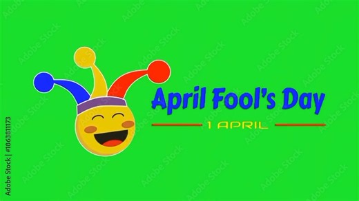 Animated April Fool's Day greeting with a jester emoji and festive text on a green screen. Keywords: april, fools, day, jester, hat, laughing, emoji, prank, joke, fun, holiday, comedy, greeting, green