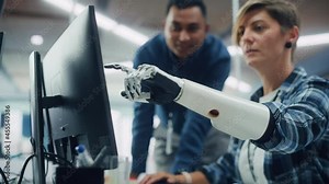 Teamwork In Diverse Office: Smiling Project Manager Talks with Happy Woman with Disability with Prosthetic Arm to Work on Desktop Computer. Professionals Create e-Commerce Software App Solution