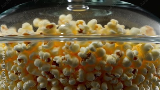 A popcorn kernel popping in extreme slow motion, captured from below a glass lid.