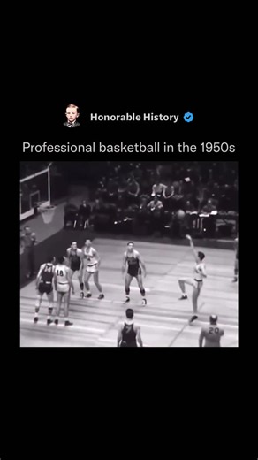 Honorable History on Instagram: "Back in the 1950s pro basketball was a sleepy, half-empty-gym sideshow: short season, low scores, guys holding the ball forever to run out the clock, leather balls, no three-point line, set shots, white Converse. The average game looked like a YMCA pickup. The 1954 shot clock forced teams to shoot within 24 seconds and saved the sport from dying of boredom. Integration brought athletic Black stars who changed everything. TV started noticing. Russell and Wilt turn