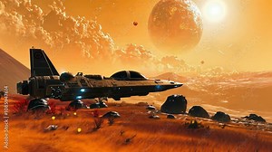 Spacecraft Landing on Alien Planet: A sleek futuristic spacecraft descends onto a desolate alien planet, bathed in the warm glow of a double sun. The scene evokes a sense of wonder and exploration.