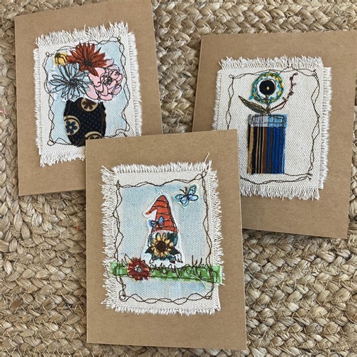 Fabric Stitched Greeting Cards, Set of 3 - Etsy