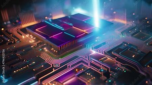 Electronic circuit board with microchips close up. 3d rendering, Futuristic circuit board technology wallpaper with digital waves and glowing patterns