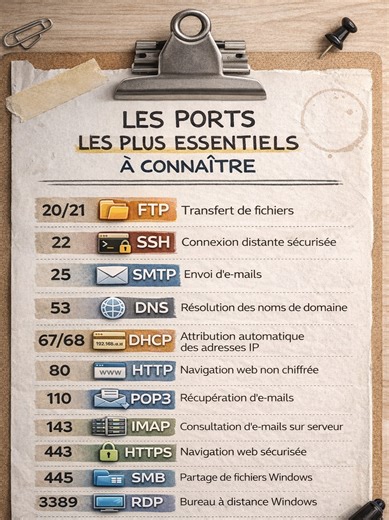 Les ports réseau essentiels à connaître Un port réseau, c’est ce qui permet d’orienter les données vers le bon service sur une machine. Dans cette vidéo, je te montre 11 ports parmi les plus importants à connaître en réseau et en cybersécurité. #Ports #Reseau #Networking #TCPIP #Cybersecurite #Informatique #IT #TechTok #Protocoles #AdminReseau #SSH #HTTP #HTTPS
