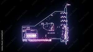 Realistic energy flow data visualization concept of a computer display card circuit board power movement in UHD. Neon booting digital technology animation in 4K. Neon lines futuristic background.