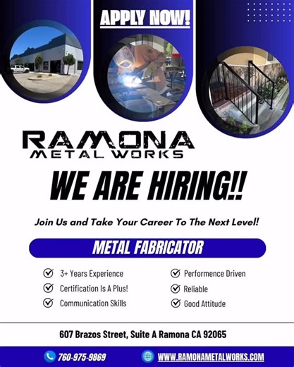We’re a growing welding and fabrication shop specializing in ornamental iron, structural steel, mobile repair, and custom one-off projects. We take pride in high-quality craftsmanship and an unbeatable shop culture — and we’re looking for someone who wants to be part of that. | Ramona Metal Works