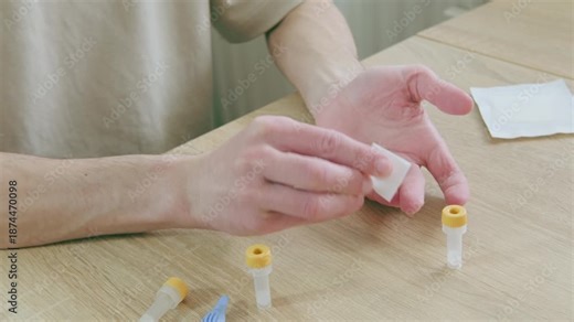 medical self-diagnosis test kit, Male fingers closeup, performing self-administered DIY test pricking finger and collecting blood in tube, fingertips Personal health data, rapid diagnostic test