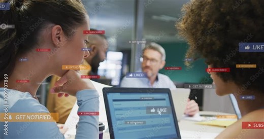 Manager speaking and gesturing, two women pointing at laptop, HUDs boosting marketing KPIs