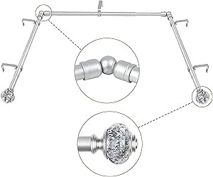 3/4 Inch Bay Window Curtain Rods, USFOOK Telescoping Silver Curtain Rods for Bay Windows 36 to 72 Inches (Center Rod), 20 to 36 Inch (Side Rods), Translucent Finials