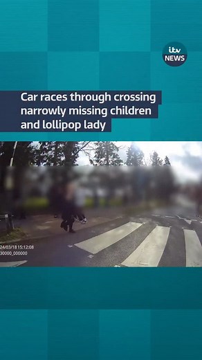 Footage of a near-miss as a car races over a crossing near a school has been released by a council reminding drivers of the rules of the road. The incident was recorded on a school crossing patrol’s bodycam as children tried to cross the road in Hertfordshire. The council’s Stop Means Stop campaign reinforces that drivers have a legal responsibility to stop for patrols helping children to cross safely. | ITV Anglia