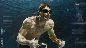 Cinematic shot of young male athlete exercising on stationary cycling machine with latest innovative technology augmented reality holograms underwater. Concept of sport, fitness, immersive technology.