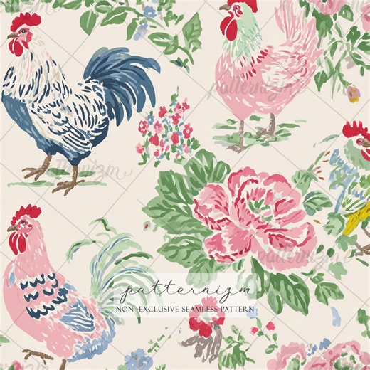 Elegant Rooster & Floral Seamless Pattern – Country Farmhouse Design, Bold Hen and Rose Printable, Vintage Style Fabric for Home Decor - Etsy