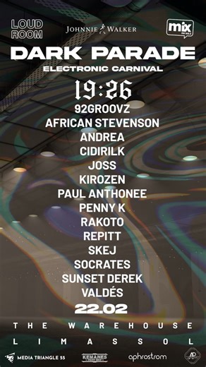LRE on Instagram: "@dark_parade ⚫️ ELECTRONIC CARNIVAL This Carnival, the darkness leads the parade. On February 22, Dark Parade transforms The Warehouse, Limassol into a full-scale electronic carnival with 3 arenas, running from late afternoon to the darkest hours. 🔥 3 ARENAS • Temple Arena — Melodic Techno • Red Room — Hard / Raw Techno • Garden by the Sea — Techno 🎶 LINEUP 19:26 (@19.26music) 92GROOVZ (@92groovz Andrea African Stevenson (@african_stevenson) Cidirilk (@cidirilk) Joss (@joss_