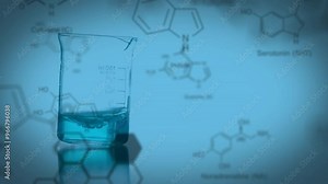 Beaker with blue liquid over chemical formulas and molecular structures, scientific animation