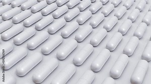 One blue-and-red capsule lies among hundreds of grey capsules moving on an endless conveyor belt in a seamless loop, representing a healthcare choice or medical ethics concept.