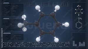 Molecule of toluene with infographics on the computer monitor, loopable 3d animation Stock Video