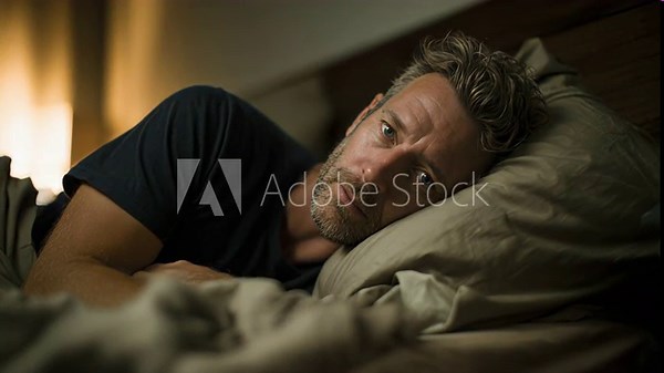 Mature man with insomnia suddenly waking up from a nightmare, looking scared and stressed while lying in his bed in a dark bedroom, unable to get back to sleep because of anxiety