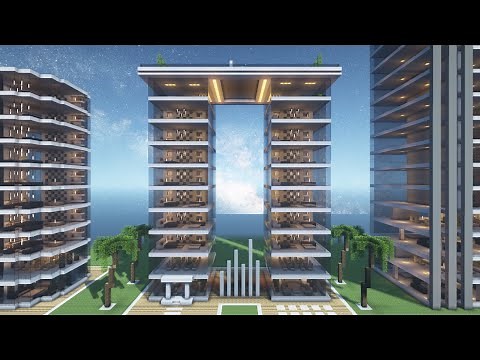 Minecraft tutorial: How to build a modern hotel in Minecraft #8 with rooftop resort & full interior