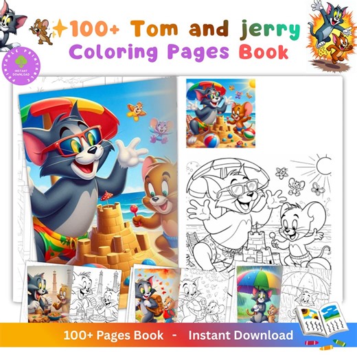 Tom and Jerry 100  Coloring pages Book | Kids' Activity pages | Printable Coloring Book| Cartoon Coloring Book|  (A4 Digital Download)