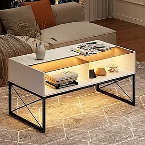 Glass Coffee Tables for Living Room, White Mid Century Modern Coffee Table with Storage, Smart Led Light Wood Coffee Table