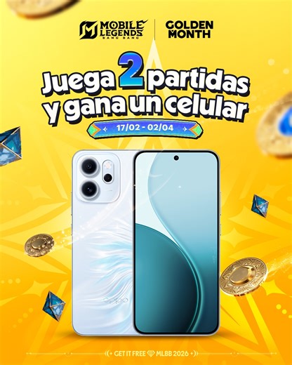 📱 ¡EL MES DORADO LLEGÓ CON TODO A MLBB! ✨ ¡El Mes Dorado ya está aquí y viene cargado de premios increíbles! 🎁 ¿Estás listo para llevarte un celular nuevo solo por jugar? ¿Cómo participar? Es súper fácil: 🗓️ Desde el 17/02 al 02/04, completa las tareas diarias (¡como jugar solo 2 partidas!) para obtener llaves. Usa tus llaves en la Ruleta Dorada para ganar puntos y premios. ¡Hay muchísimos premios en juego! Smartphone, diamantes, una skin gratis de Hanabi y mmuchas cosas más! ⚠️ TIP PRO: ¡No 