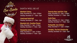 #ShopLocalSeeSanta in #Aberdare this Christmas! Santa Claus is coming to YOUR town centre as part of the Christmas Town Centre Experience, with Santa’s Grotto popping up at: • Aberdare Library, Friday 26th November, 3pm - 6.30pm • Aberdare Library, Saturday 27th November, 10am - 4pm There will be a £2 entry charge to Santa’s Grotto and children will receive age-appropriate gifts from Santa. Each venue will adhere to the latest COVID-19 guidance and adults and children aged 11 and over MUST wear
