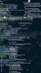 Vertical looped 4K animation of the appearing code that moves toward the camera on a blue background and square particles. H.264 video encoding.